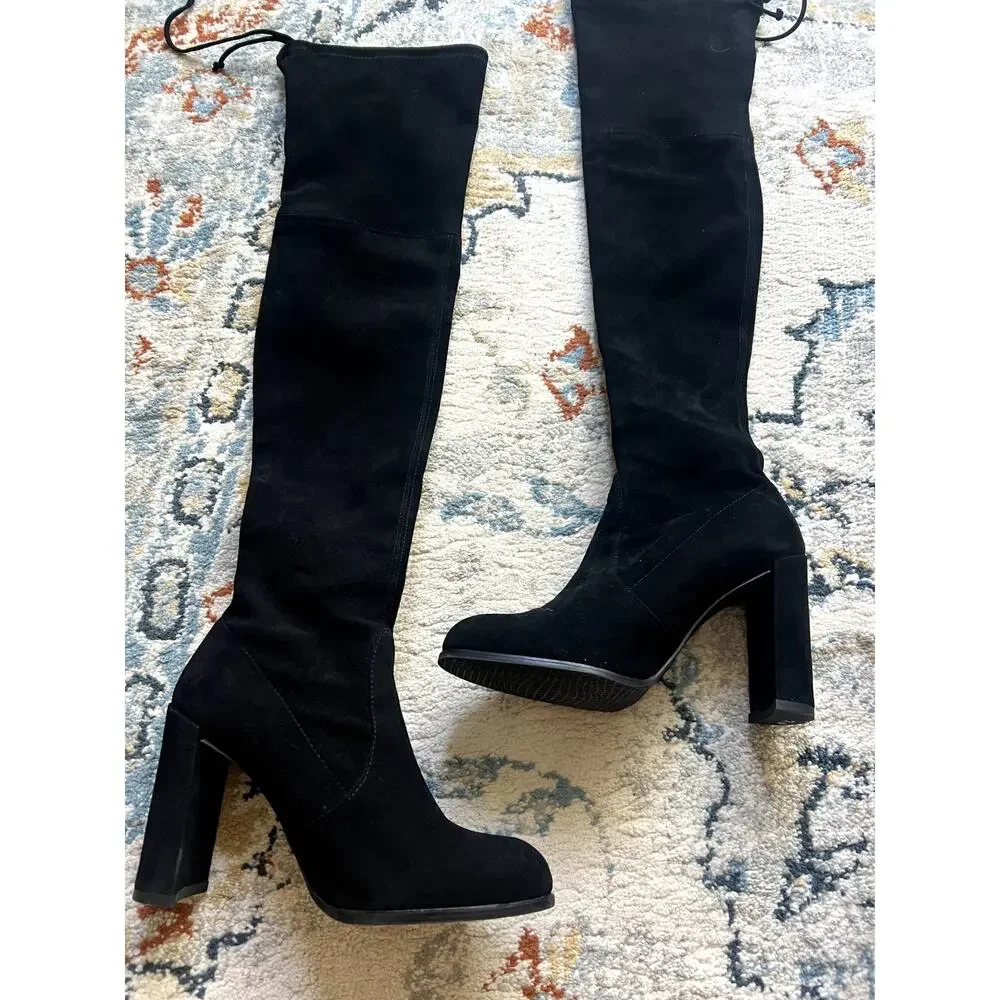 Stuart Weitzman Highland Over the Knee Boots Black Suede Heeled size 7